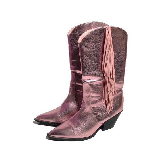 Billini Andi Metallic Pink Fringe Cowboy Cowgirl Boots Womens Damaged Heels 9 - Picture 3 of 16